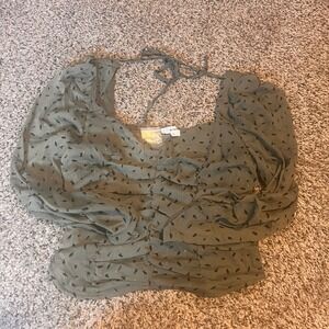MINE‎ Olive Green Ruched Long Sleeve Tie Back Blouse Top Size L